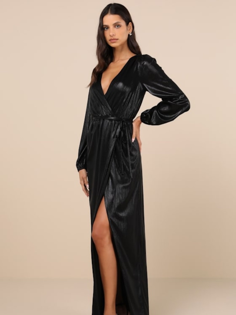 Lulus Extra Aesthetic Black Shiny Long Sleeve Surplice Maxi Dress - Size XS